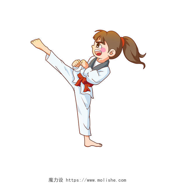 跆拳道女孩单人跆拳道抬脚运动爱好插画跆拳道运动健身PNG素材